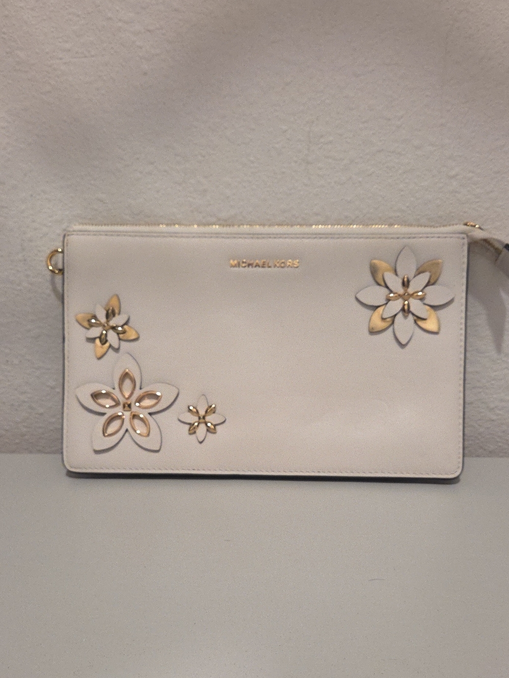 Michael Kors Ivory Floral Appliqué Wristlet Clutch with Gold Accents